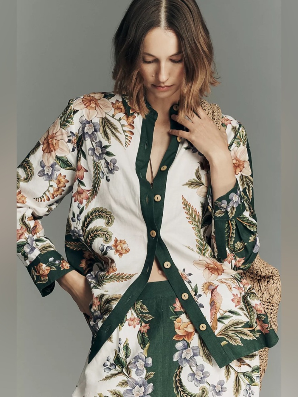 FARM Rio Sand Nature Botanical Linen Blend Buttondown Top Size XXS NWT